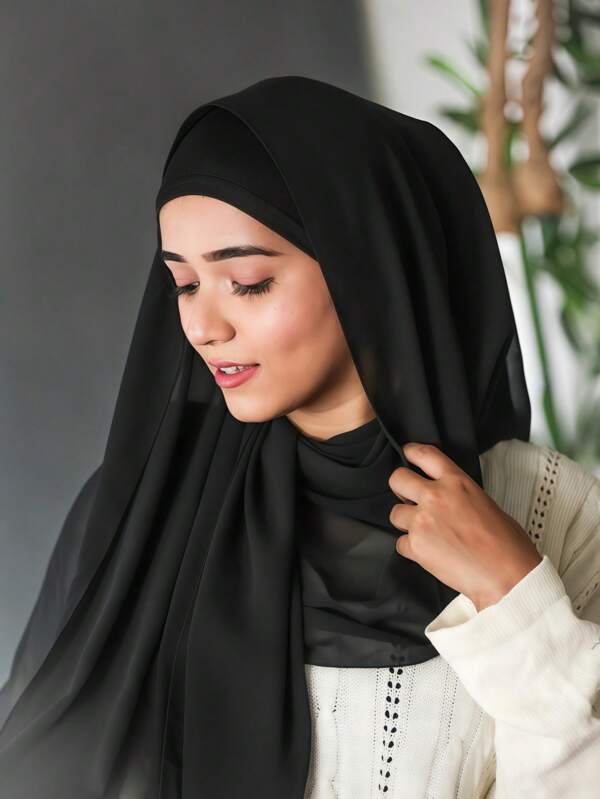 1pc New Chiffon Headscarf With Ruffle Drawstring Hat Set, Solid Color Pearl Chiffon Scarf And Ruffle Base Hat Combo