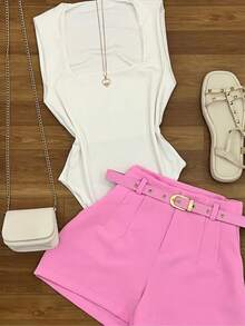 Women's Tailored Shorts With Belt And Pocket Thin Belt - 粉紅bb - 查看 2