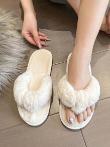 Women's Solid Color Fluffy Herringbone Pattern Flat Slippers, Non-Slip Soft Plush Casual House Slippers, Cute For Indoor & Outdoor Wear, Autumn/Winter, White