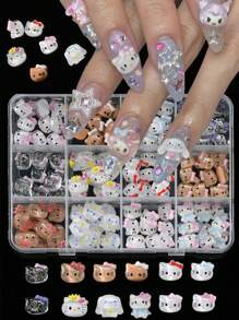 Sanrio 12Grids Resin Hello Kitty Nails Charm,120Pcs Assorted Cute Cartoon 3D Translucent Nail Art Charms,Brown Color Sparkle Clear Kitty Head Nail Decoration Y2K Manicure Parts Accessories