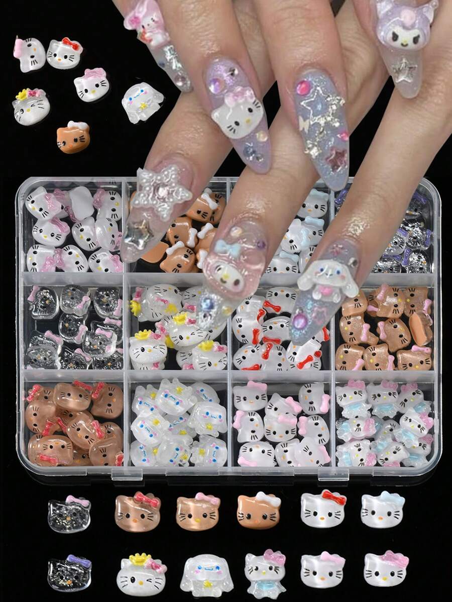 Sanrio 12Grids Resin Hello Kitty Nails Charm,120Pcs Assorted Cute Cartoon 3D Translucent Nail Art Charms,Brown Color Sparkle Clear Kitty Head Nail Decoration Y2K Manicure Parts Accessories