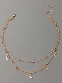 1pc Women Fashion Necklace With Star & Moon Pendant, Double Layer Simple Geometric Beaded Choker Necklace