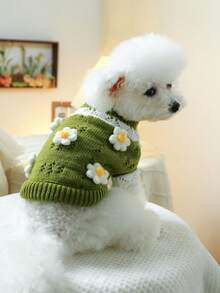 1 件宠物服装狗狗小猫服装，快乐小狗休闲时尚可爱舒适花朵图案毛衣 - 绿色