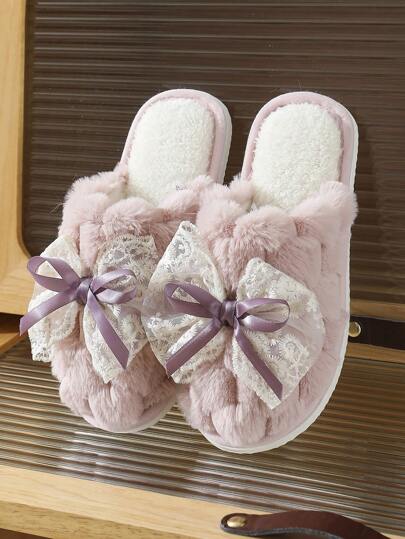 Autumn/Winter Velvet Lace Bow Slipper For Women, Couple, Girl, Non-Slip Thick-Soled Indoor & Outdoor Casual Slippers