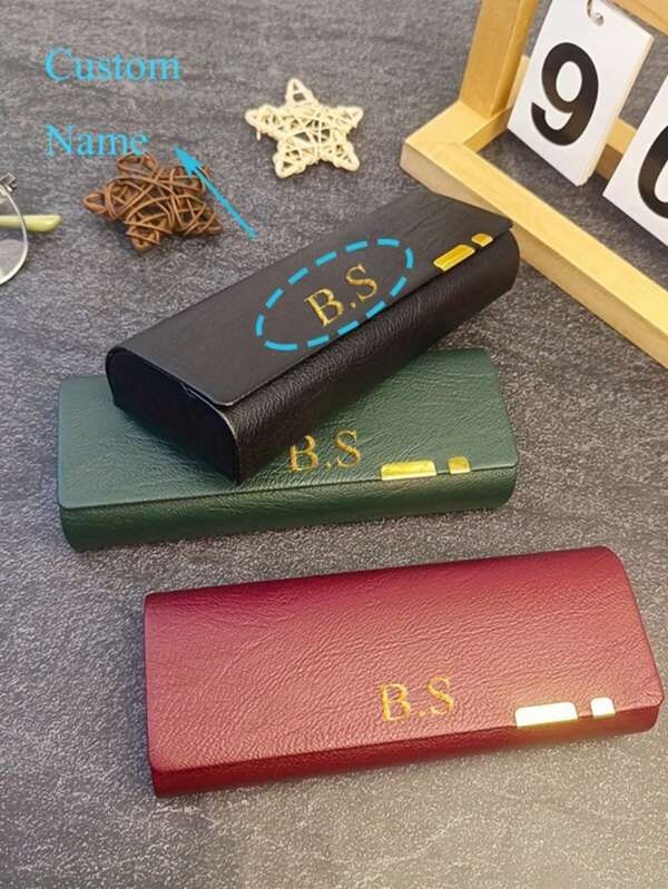 [Customized]Personalized Emboss Letters Name Faux Leather Portable Hard Case Eyeglasses Storage Box Large Capacity Luxury Universal Magnetic High-Value For Men Women Students