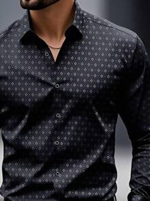 New Men's Fashion Casual Dot & Diamond Plaid Print Long Sleeve Shirt,Fall - Black - View 5