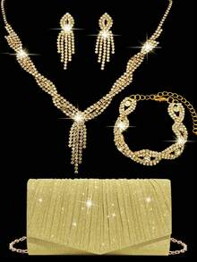 Women's Diamond Jewelry Sparkling Luxury Rhinestone Jewelry Set Sparkling Necklace Earrings Bracelet Set Glitter Wrinkle Handheld Banquet Bag V-Shaped Flip Cover Envelope Bag Handheld Bag Banquet Bag Wallet Handbag Elegant Handheld Banquet Bag Handbag Women's Ball Handbag Women's Bridal Banquet Bag Ball Handbag Metal Chain Handbag Wedding Party Handbag Cocktail Party Wedding New Wallet Banquet Bag - Gold - View 22