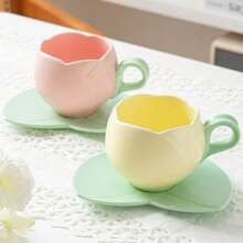 Conjunto de taza de café y platito en forma de tulipán de cerámica con posavasos con diseño de hoja, decorativo y práctico, cálido y lindo, adecuado para oficina, comedor y hogar, fácil de limpiar