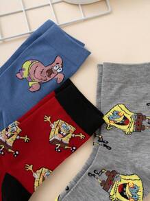 SPONGEBOB 3 Pairs Interesting Personalized Cartoon Cute Multicolor Jacquard SpongeBob Series Face Mid-Calf Socks, Sports Style, All Season, European & US Sizes, Comfortable Breathable , Rich Colors, Suitable For Daily Wear, Premium Fabric, Non-Sweaty