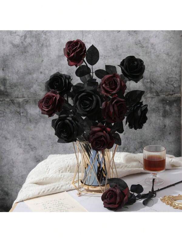6/10 piezas Ramo de flores artificiales de rosa de seda negra, adecuado para decoración de fiesta de Halloween y estilo oscuro