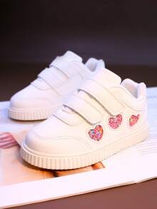 1 双心形水晶装饰钩环皮革表面女婴软底休闲运动鞋，舒适幼儿鞋 - 玫紅色 - 查看 1