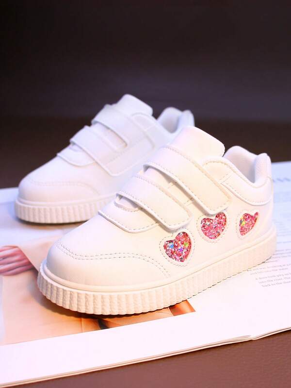 1 Pair Heart Crystal Decor Hook And Loop Leather Surface Baby Girls Soft Bottom Casual Sneakers, Comfortable Toddler Shoes