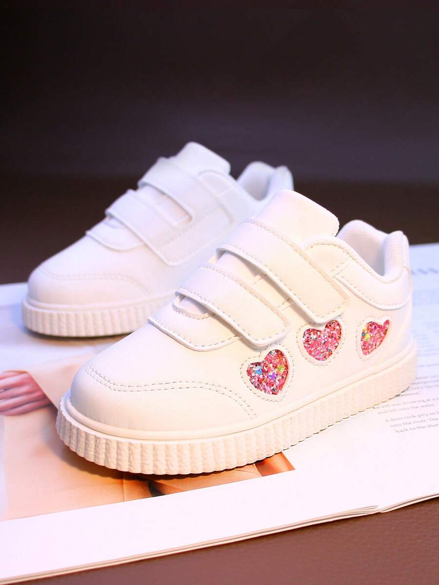 1 双心形水晶装饰钩环皮革表面女婴软底休闲运动鞋，舒适幼儿鞋 - 玫紅色 - 查看 1