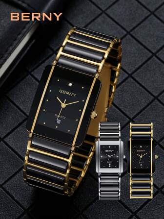 BERNY 1pc Men's Black Stainless Steel & Ceramic Luxury Quartz Watch-Date Window,Scratch-Resistant Square Dial,30M Water-Resistant For Business & Daily Wear