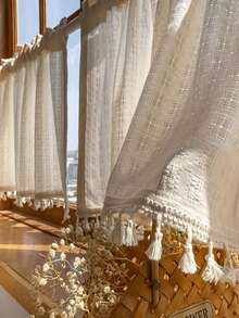 2pcs Linen Tassel Solid Color Retro Curtain, Rod Pocket Design, Suitable For Living Room And Bedroom - Sheer And Filtering Curtain (Tie Backs Not Included) - Multicolor - View 5
