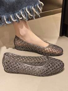 Women's Fashion Crystal Jelly Shoes, Flat Hollow Breathable Glitter Soft Bottom Non-Slip Princess Basic Sandals