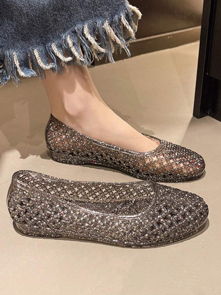 Women's Fashion Crystal Jelly Shoes, Flat Hollow Breathable Glitter Soft Bottom Non-Slip Princess Basic Sandals