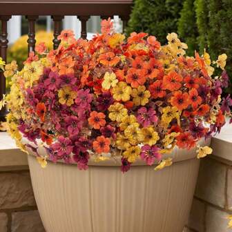 12 Pcs Artificial Flowers For Outdoor Decoration,Faux Daisy Flowers For Spring Decor,Realistic Eucalyptus Leaves Silk Mums Fake Plants For Garden Pot,Front Porch,Courtyard,Patio,Lawn (Orange Brown Yellow)