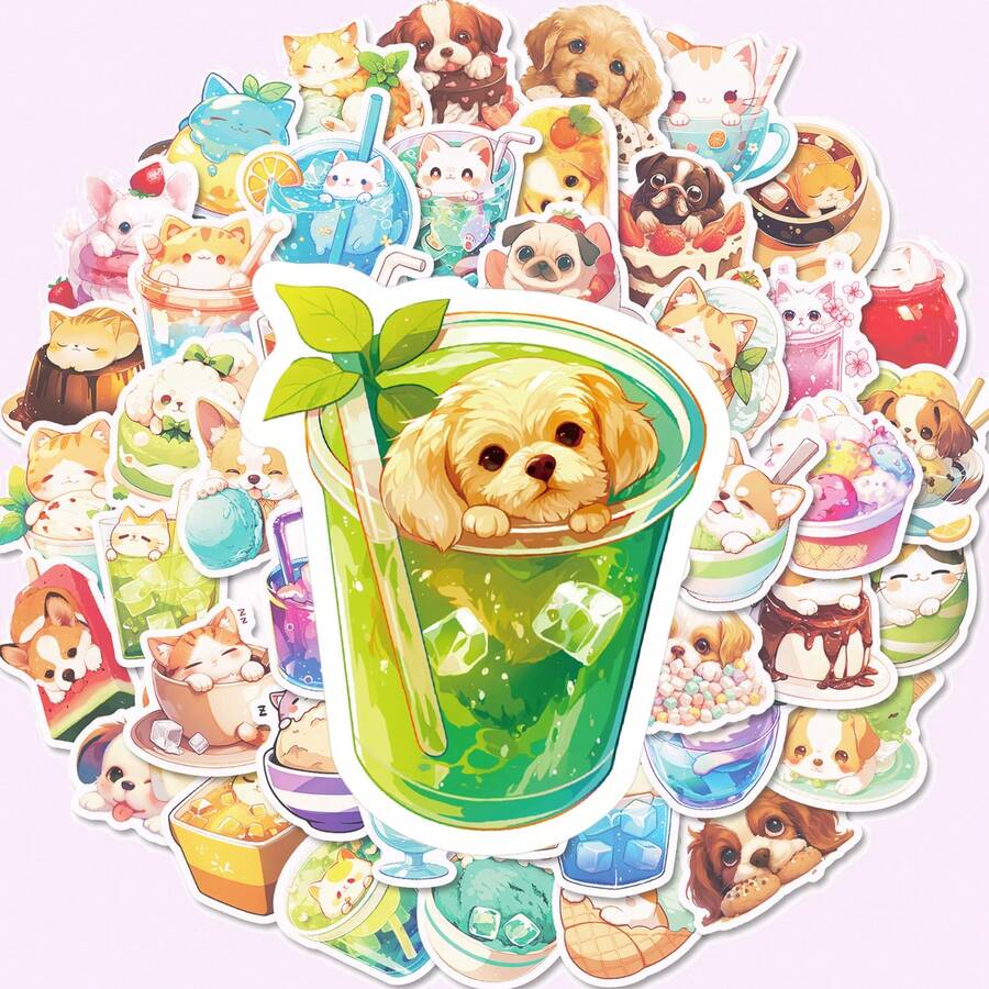 [50 张可爱卡通贴纸] 50 张可爱卡通乙烯基贴纸 | 食物、猫、狗主题，适用于笔记本电脑、水瓶、头盔、摩托车、吉他 | 适合宠物爱好者、圣诞节或奖励的有趣装饰礼物 - 彩色 - 查看 1