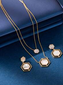 1set Elegant Hexagon Mother-Of-Pearl Necklace & Earrings Jewelry Set, Perfect For Parties And Daily Wear