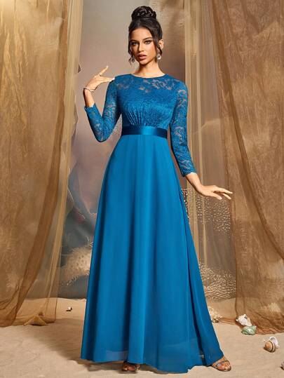 CHOSMO New Style Elegant Solid Color Chiffon And Lace Patchwork Dress, Perfect For Evening Dates, Weddings, Parties, Formal Events, Receptions, Concerts, Stage Performances, Fourth Quarter