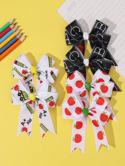 2/6pcs Girls Back To School Hair Bow,Printed School Bus Apple And Letters Large Hair Bow Clip For Girls.White And Black Bows Hair Clips For First Day Of School,Girls Fashionable Hair Accessories