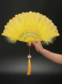 1pc Women Retro Feather Lace Folding Fan, Classical Dance Cheongsam Prop, Stage Performance Hand Held Fan For Costume Party