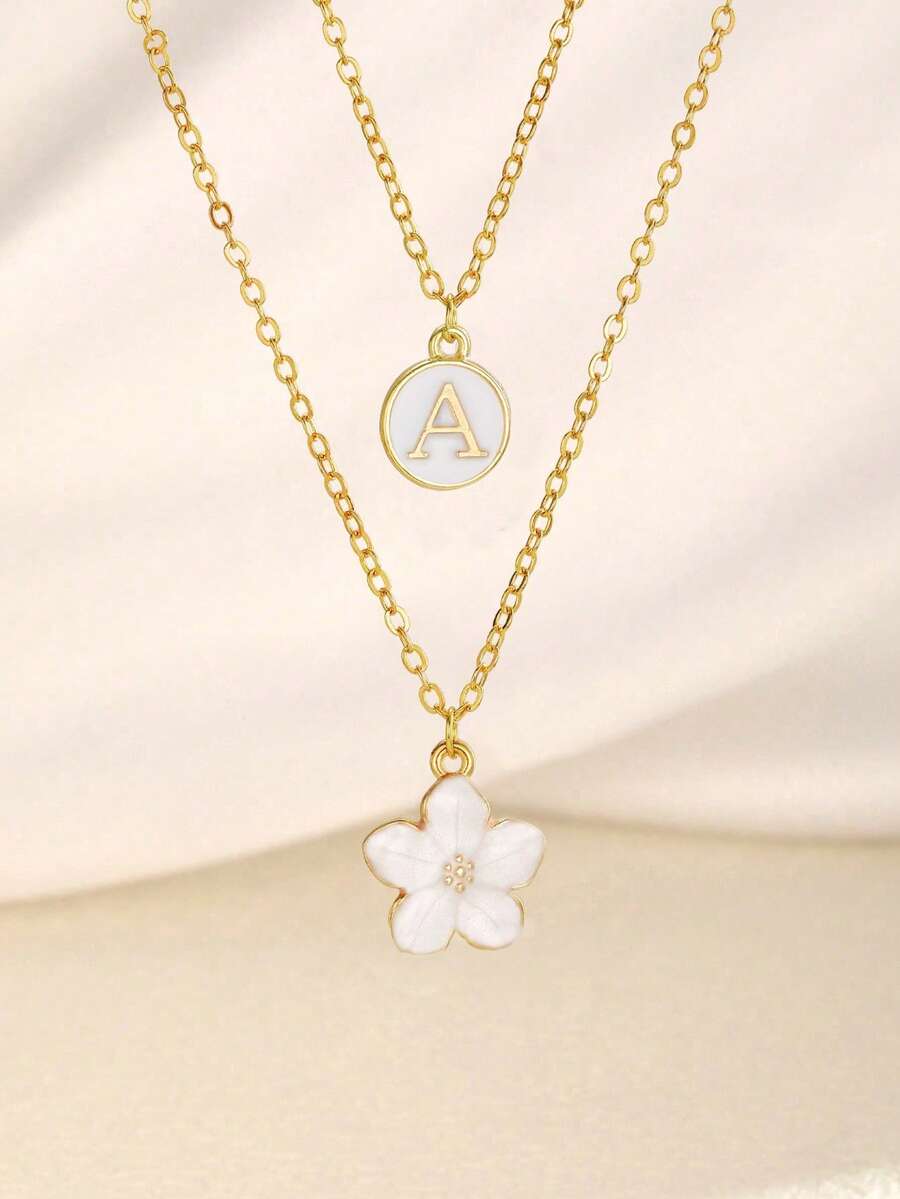 2pcs/Set Fashionable Delicate Sweet Five-Petal Flower & Letter Double Layer Necklace, Suitable For Girls Beach Vacation In Summer, Choker Necklace, Can Be Gift For Family And Friends Birthday - White - View 1