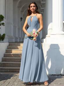 Volly Toych Light Blue Elegant A-Line Pleated Chiffon Formal Bridesmaid Dress, Wedding Guest Dress, Vacation Maxi Dress - Dusty Blue - View 6