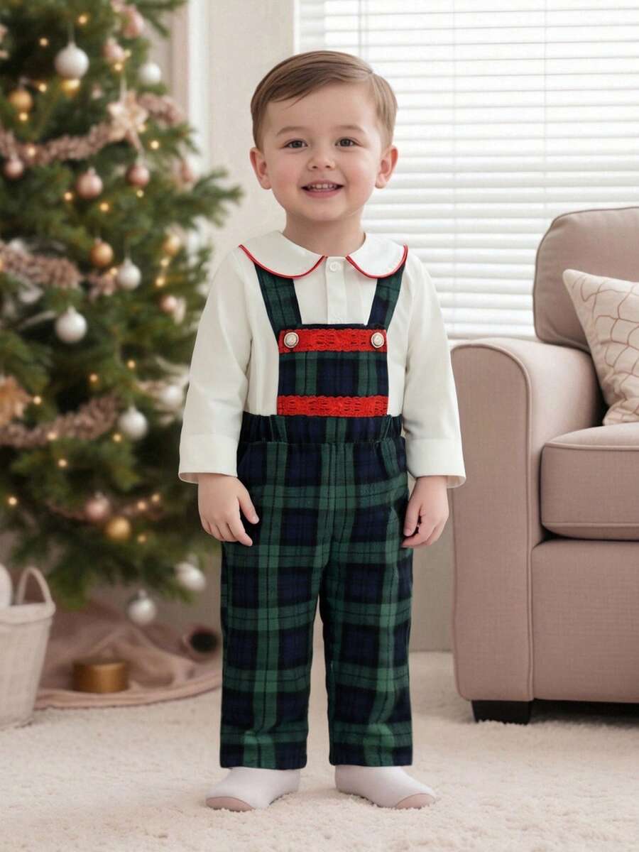 Baby Boys 2Pcs Gentleman Outfits Long Sleeve Shirt + Plaid Overalls Pants Set Christmas Clothes - 綠色 - 查看 1