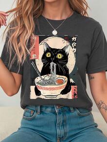 Ladies Cat Eating Noodles Print Short Sleeve Round Neck T-Shirt