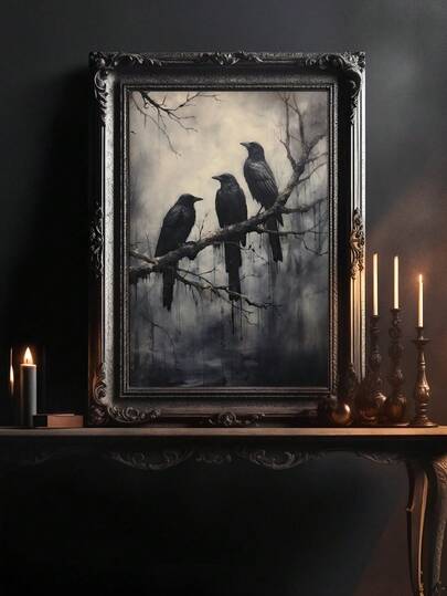 1pc Modern Crow, Crow Standing On A Branch, Gothic Animal Exquisite Art Oil Painting Poster, Bedroom Wall Art, Living Room Wall Decor, Dining Room Wall Decoration, Kitchen Decorative, Study Room, Corridor, Dormitory Decoration, Ideal Gift For Friends, Wall Arts, Wall Decoration, Home Decoration, Room Decoration Canvas Painting, Posters, Optional Frame ﻿ Halloween Decor Fall Decor