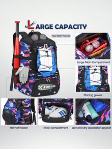 Baseball Backpack For Youth & Adults - Lightweight Softball Bat Bag With Shoe Compartment | Waterproof Sports Bag With Helmet Holder & Fence Hook | Holds Bats, T-Ball & Softball Gear - 迷彩粉 - 查看 8