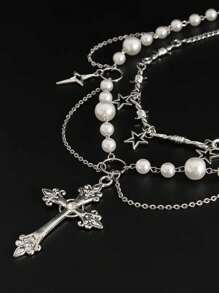 2pcs/Set Fashionable Minimalist Elegant Star Tassel Chain Cross Men Necklace Set, Ideal Gifts For Men, Friends And Families