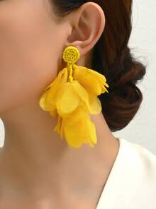 1 Pair Bohemian Beads Fabric Flower Large Earrings For Women Summer Beach Vacation Party Prom Jewelry - A Pair Of Floral Tassel Earrings - View 2