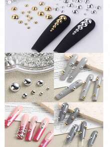 12 Grids Half Round Gold+Silver Pearls Nail Charms Metallic Flat-Back Beads Ball Mixed Size Nail Pearls Nail Gems Nail Supplies Nails - Vàng - Xem 4