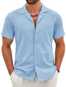 Mens Cotton Linen Shirt Casual Button Down Short Sleeve Shirts Summer Cuban Vacation Beach Shirts With Pockethalloween - 淺藍色 - 查看 1