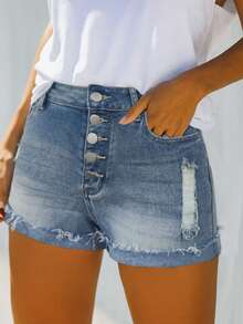 Quần short denim cạp vừa cá tính - Cổ tay được cuộn thủ công & chi tiết phá hủy - Màu xanh lam - Xem 4