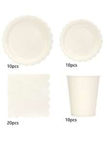 10pcs Ivory Paper Plates Cups And Napkins Dinnerware Supplies Set Cream Party Supplies Include Ivory Scalloped Paper Plates Cocktail Napkins Cups Beige Cake Dessert Dinner Plate For Baby-Shower Birthday Wedding Party - Beige - View 11