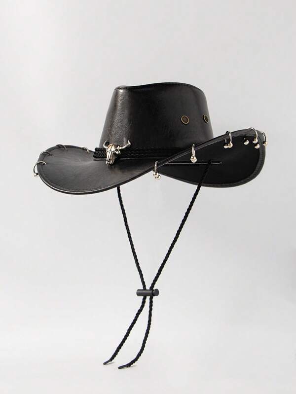 1 pieza Gorra unisex de moda personalizada con decoración de cuerno de toro en aro, sombrero vaquero occidental a prueba de viento con correa, gorra de caballero, sombrero para pesca al aire libre, adecuado para uso diario, actividades con tema occidental, fiestas, cosplay, festivales, festivales de música