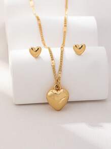3 pièces Ensemble de bijoux en acier inoxydable avec collier et boucles d'oreilles cœur lisse minimaliste, polyvalents pour un port quotidien
