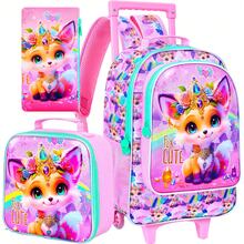 3pcs/Set Fox Pattern Rolling Backpack, Girls, Wheeled Children's School Bag, UV Printed Rolling Backpack Set, Includes Lunch Box