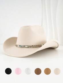 1 件男女通用西部牛仔帽，手工编织羽毛帽链，适合户外骑行、徒步旅行、驾驶、派对、牛仔风格配饰。 - 羽毛寶石牛仔帽 - 查看 1