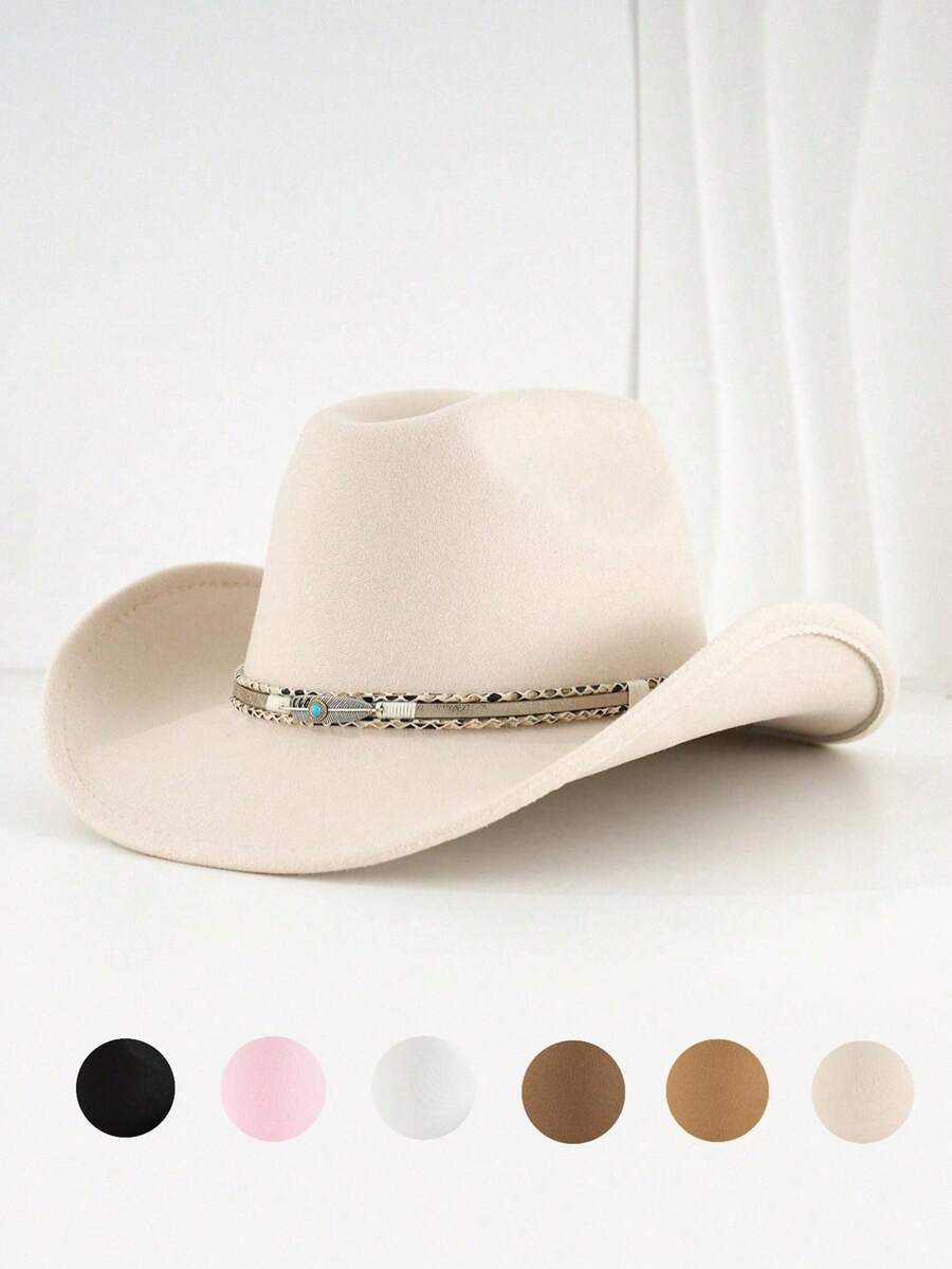 1 件男女通用西部牛仔帽，手工编织羽毛帽链，适合户外骑行、徒步旅行、驾驶、派对、牛仔风格配饰。 - 羽毛寶石牛仔帽 - 查看 1