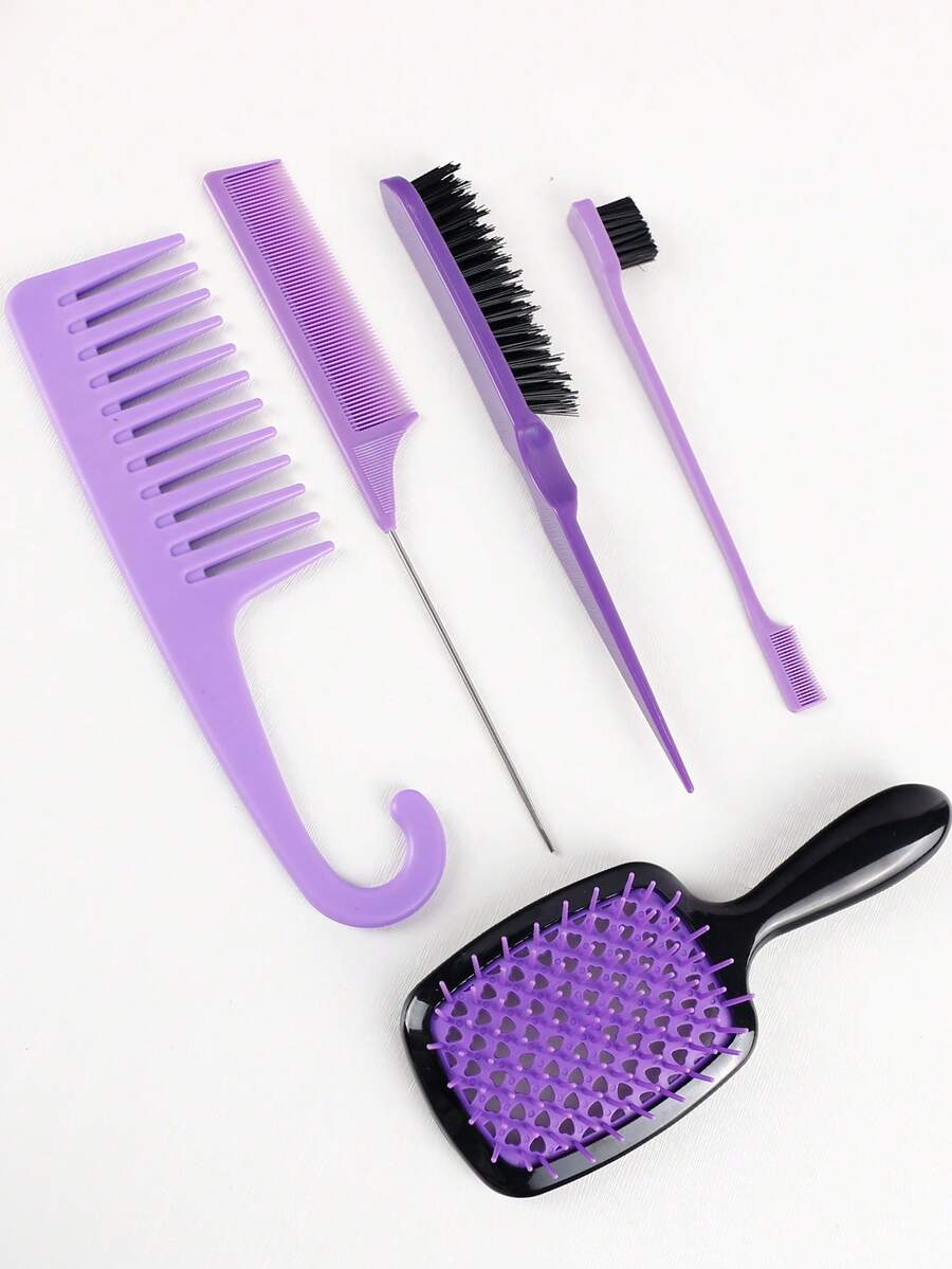 Kommen 5 件套发刷造型梳套装迷你空心发刷弯钩宽齿梳钢针梳双面发际线梳鼠尾后缘发刷，适合返校、旅行度假必备，女士发饰