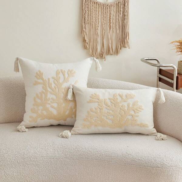 1 funda de almohada decorativa de lino con bordado de coral, adecuada para la decoración moderna de la granja, funda de cojín para sofá, uso diario en todas las estaciones, no incluye el inserto