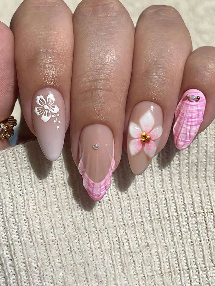 24片杏仁形3D凝胶花朵美甲贴纸，粉色法式美甲，适用于亚克力美甲套装，包含1片果冻凝胶和1个指甲锉，适合夏季美甲和花朵美甲，DIY日常、工作、学校和派对美甲用品，适合女性和女孩。 - 查看 2