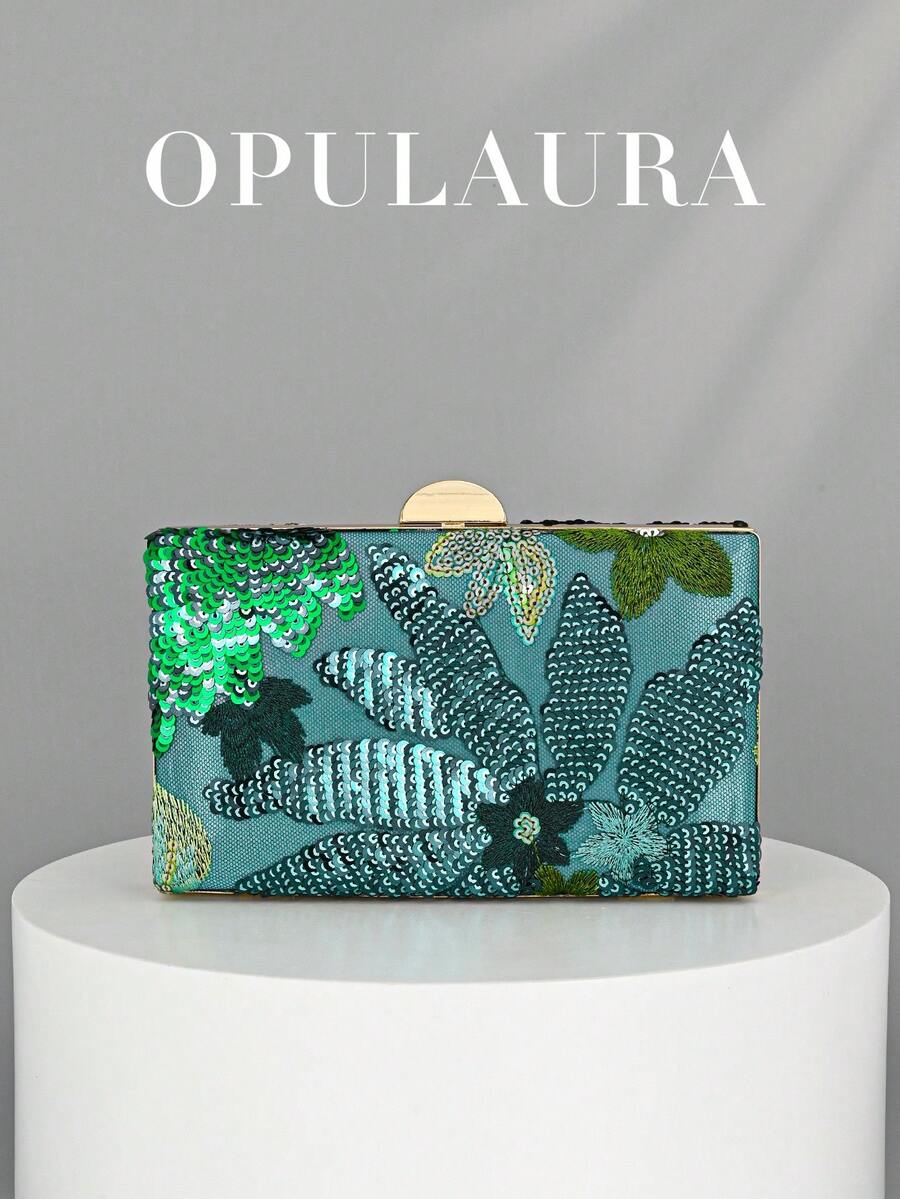 OpulAura 亮片刺绣花卉手拿包，女士时尚亮片拼布手提包，派对晚宴包，随机剪裁，适合女性，适合派对、婚礼、舞会、节日。非常适合派对、婚礼、舞会、晚会等场合，搭配节日派对礼服、晚礼服和亮片服装。 - 綠色 - 查看 1