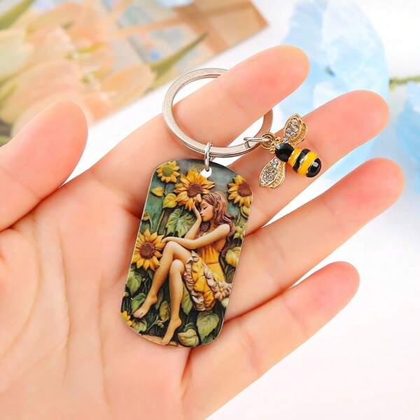 1pc Creative Fashion Sunflower Girl Shaped Keychain With Cute Bee Decoration, Casual Cartoon Sunflower Girl And Bee Keyring, Holiday Small Gift, Versatile Accessory For Keys, Bags, And Phones Car Accessories Goth Y2k