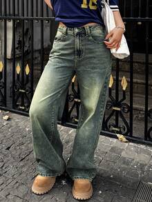 Women's Wide Leg Straight Leg Jeans Without Elastic Band Pockets And Button Zipper Style Casual Loose Jeans - 復古水洗藍 - 查看 5
